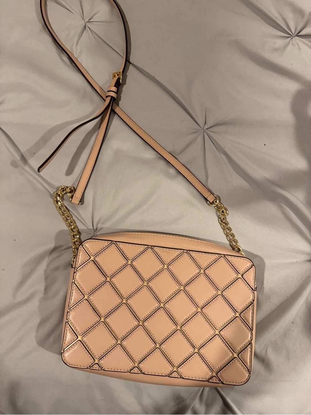 Michael Kors Peach/Nude Pink Metallic Design Leather Crossbody with Gold Chain